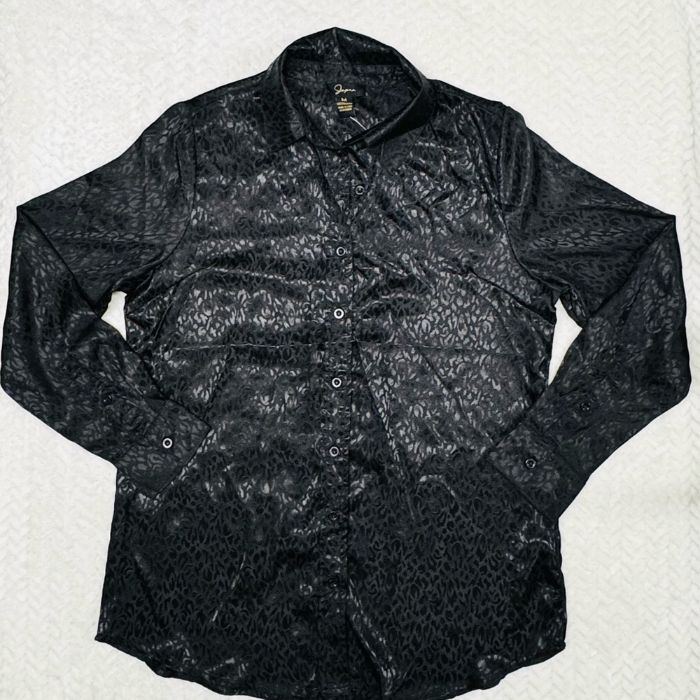 NWT Japna Satin Black on Black Leopard Print Button-Up Long Sleeve Shirt Sz Med